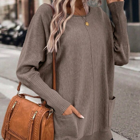 Brown Casual Women's Dual Pocket Batwing Sleeve Pocket Patched Sweater - Picture 1 of 6